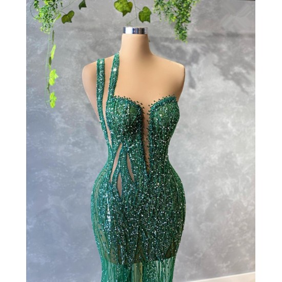 Bling Bling Green Mermaid Evening Dress Sequins One Shoulder Feather Prom Gowns Custom Made Sweep Train vestido de novia