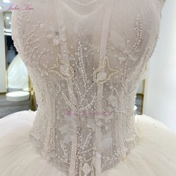 Julia Kui 100% Real Photo Strapless Ball Gown Wedding Dresses 2021 With Rhinestones And Pearls Tulle Skirt