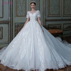 Julia Kui Puff Sleeve Ball Gown Wedding Gown With Gorgeous Lace Luxury Chapel Train vestido De noiva