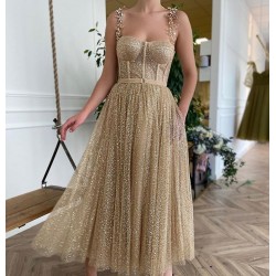 Glittery Gold Dotted Tulle Short Prom Dresses With Pockets Shiny Straps Boning A Line Tea Length Party Dress