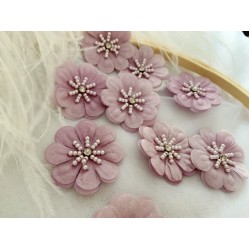 100 pcs  Purple 3d Florals Motif Applique Heavy Bead Organza Lace Applique With Rhinestone