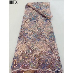 HFX Latest African Embroidery Tulle Lace Fabric 2021 High Quality French Lace Luxury Sequins Mesh Fabric For Wedding Dress