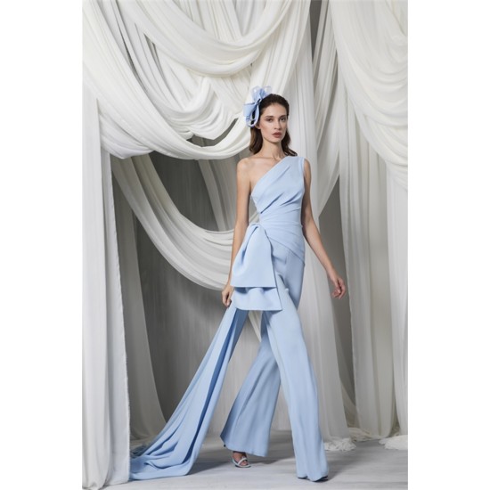 Sky Blue Prom Jumpsuit with Long Train One Shoulder Elegant Evening Dresses Ruffles Customize Vestidos Formal Robe De Soirée