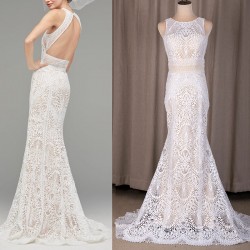 Cut Out Lace Mermaid Wedding Gown Hollow Plus Size Bodycon 2020 Crew Neck Sleeveless Sweep Train Bridal Dress