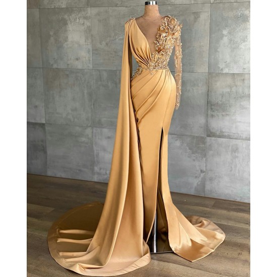 Gold Mermaid 2021 Prom Dress V Neck Lace Appliqued Long Sleeve Beaded Black Girl African Formal Evening Gowns