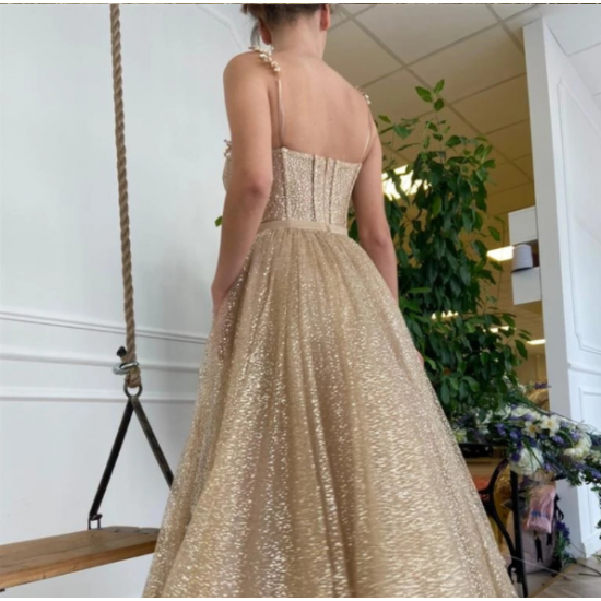 Glittery Gold Dotted Tulle Short Prom Dresses With Pockets Shiny Straps Boning A Line Tea Length Party Dress