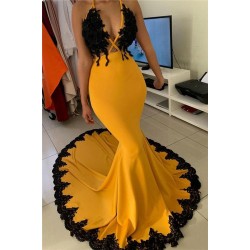 2020 New Arrival Yellow With Black Appliques Evening Dresses African Girls Junior Graduation Prom Party Gowns Mermaid V Neck