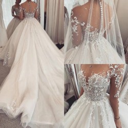 Charming Lace Wedding Dress Robe De Mariee Sheer Long Sleeve Bride Dresses Custom Made Illusion Bride Gown Vestido De Noiva