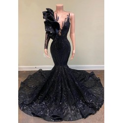 2021 Elegant Mermaid Evening Dresses Long Sleeve Black Sequin Applique Sexy Sheer Neck Gala Prom Party Gown Robe de mariée