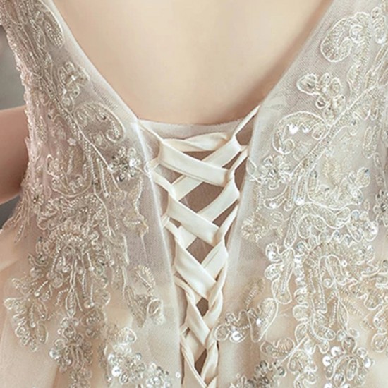 Wedding Dresses Illusion O-Neck Short Backless Sequined Beading Embroidery Tulle Lace Luxury Champagne Women Bridal Gown