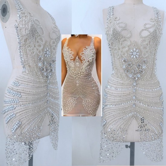 Super Large Silver Luxury Rhinestone Bodice Crystal Applique Heavy Bead Handmade Bodice Patch Haute Couture Prom Bridal