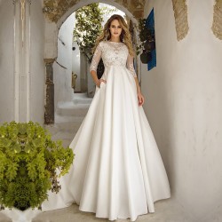 3/4 Sleeves Satin Wedding Dresses A Line Lace Appliques Bridal Wedding Gowns Pockets Vestido De Noiva Floor Length