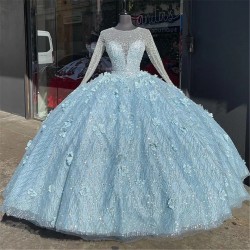 Brilliant Light Blue Quinceanera Dresses O-Neck Long Sleeve Lace Sequined Flowers Sweet 15 Ball Gown Tulle Party Princess
