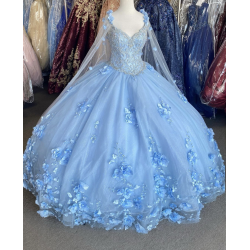 Light Sky Blue Quinceanera Dresses With Cape Sequins Beads 3D Flowers Backless Princess Sweet 16 Gown Vestidos De 15 Años