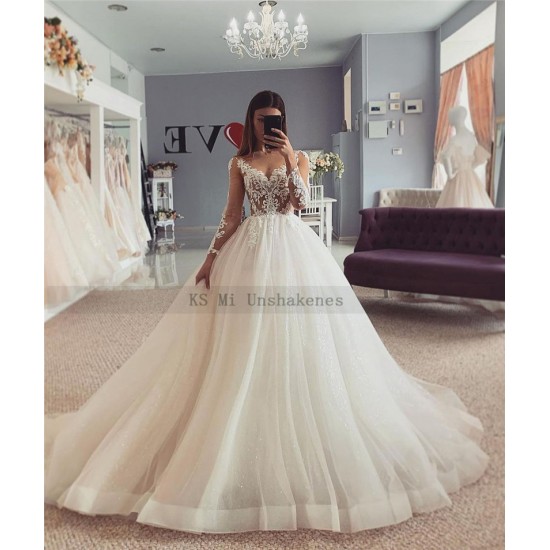 Vestido de Noiva Manga Longa Sexy Wedding Dresses Long Sleeve lace Bride Dress Illusion Princess Wedding Gowns Shiny Tulle