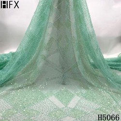 HFX New high quality beads+ sequin embroidery lace fabric navy  African beaded fabric lace for wedding dress evening dress