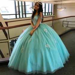 Turquoise Quinceanera Dresses Ball Gown Off The Shoulder Tulle Appliques Beaded Cheap Sweet 16 Dresses