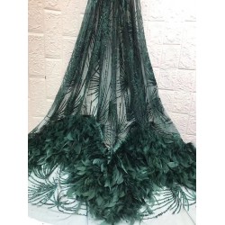 (5yards/pc) High quality green sequins French net lace fabric with feathers  luxury African party tulle lace FXZ027
