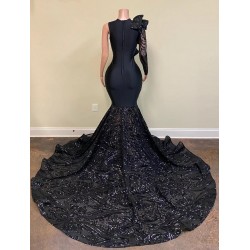 2021 Elegant Mermaid Evening Dresses Long Sleeve Black Sequin Applique Sexy Sheer Neck Gala Prom Party Gown Robe de mariée