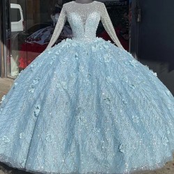 Brilliant Light Blue Quinceanera Dresses O-Neck Long Sleeve Lace Sequined Flowers Sweet 15 Ball Gown Tulle Party Princess