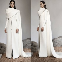 2021 Arabic Evening Gowns with Wrap Floor Length Women Sheath Prom Dresses Long Sleeves Custom Made Formal Celebrity Dress