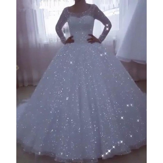 Vestido De Mariee Glittery Bride Wedding Dresses 2021 Ball Gown Long Sleeves Plus Size Princess Sequin Bridal Gowns