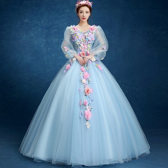 V-neck Quinceanera Dresses Long Sleeve Hand Flower Boho Wedding Party Dress Blue Gala Gowns Vestido De 15 Anos De Debutante