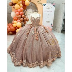 Coffee Beaded Quinceanera Dresses Sexy Spaghetti Neck Appliqued 3D Floral Sweet 16 Princess Ball Gown Pageant Gowns vestido
