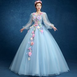 V-neck Quinceanera Dresses Long Sleeve Hand Flower Boho Wedding Party Dress Blue Gala Gowns Vestido De 15 Anos De Debutante