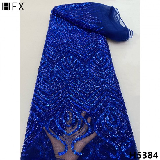 HFX Royal Blue Luxury Beaded Sequin Lace Fabric 2021 Embroidered Nigerian French Tulle Lace Fabric With Sequins Wedding F5384