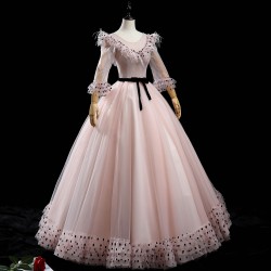 Long Sleeve Quinceanera Dress 2021 Luxury Pink Polka Dots And Feathers Party Dress Sweet Ball Gown Plus Customize Vestidos