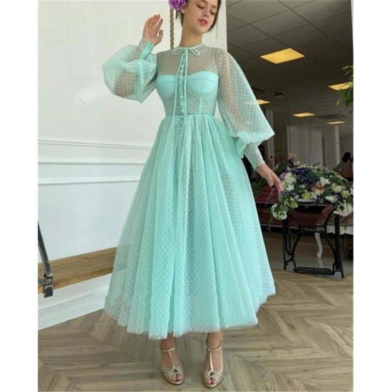 Short Evening Dress Dot Tulle Tea Length Prom Dresses Puffy Long Sleeve Wedding/Party Dress