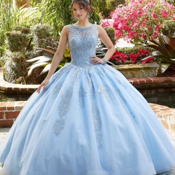 Light Sky Blue Quinceanera Dresses O-Neck Lace Beads Sequins Backless Princess Party Sweet 16 Ball Gown Vestidos De 15 Años