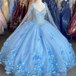 Light Sky Blue Quinceanera Dresses With Cape Sequins Beads 3D Flowers Backless Princess Sweet 16 Gown Vestidos De 15 Años