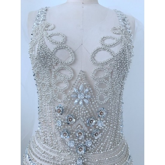 Super Large Silver Luxury Rhinestone Bodice Crystal Applique Heavy Bead Handmade Bodice Patch Haute Couture Prom Bridal