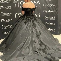 Gothic Black Wedding Dresses Ball Gown Off the Shoulder Short Sleeve Beading Lace Corset Back Vestidos de Novia Bridal Gowns