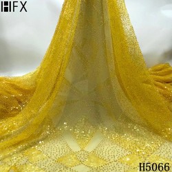 HFX New high quality beads+ sequin embroidery lace fabric navy  African beaded fabric lace for wedding dress evening dress