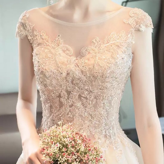 Wedding Dresses Illusion O-Neck Short Backless Sequined Beading Embroidery Tulle Lace Luxury Champagne Women Bridal Gown