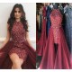 Sparkly Maroon Red Short Prom Pageant Dresses 2021 Jewel Neck Sleeveless Beading Sheath Tulle Over Skirt Cocktail Party Gowns