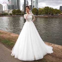 Julia Kui Vestidos de Novia Vintage Princess A Line Wedding Dress High Quality Beaded Pearls Crystals Long Sleeve Bride Dress