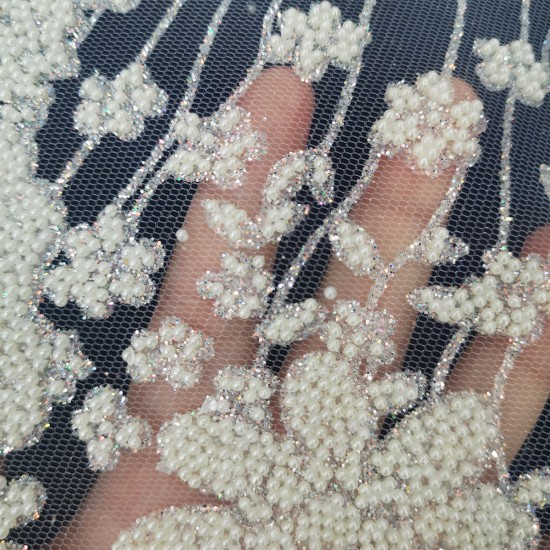 White Lace Fabric With 3D Flowers Heavy Sequin Pearls Decoration For Garment Sewing Woman Wedding Dresses Wholesale