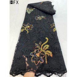 HFX black Sequin African Lace 5 Yards French Net Luxury Embroidery Nigerian Celebration Elegant Inspired Fabric 2021 dress
