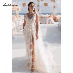 Beading Lace  Beach Wedding Gown Tulle Flowers Train V-Neck Sleeveless Zipper Off The Shoulder Split Front/Side Feathers