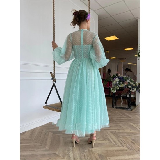 Short Evening Dress Dot Tulle Tea Length Prom Dresses Puffy Long Sleeve Wedding/Party Dress