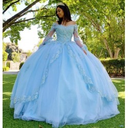 Light Sky Blue Long Sleeves Lace Plus Size Quinceanera Dresses Ball Gown Applique Sequined Beads Sweet 16 Dress vestidos