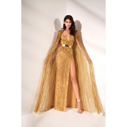 Luxury Gold Evening Dress with Wrap 2020 Beading Sequins Mermaid Prom Party Gowns High Split Custom Made Robe De Soirée