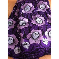 Purple Big cotton african wedding lace fabrics with stones high quality 5 Yards embroidery voile lace for big occasion B0188a