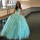 Turquoise Quinceanera Dresses Ball Gown Off The Shoulder Tulle Appliques Beaded Cheap Sweet 16 Dresses