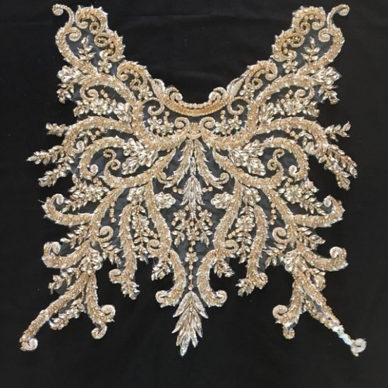 Gold Rhinestone bead applique, heavy bead handmade rhinestone applique for bridal sash, bridal headpiece, one piece