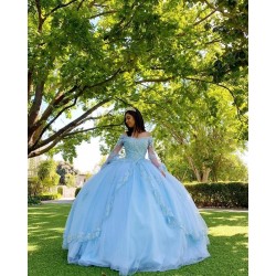 Light Sky Blue Long Sleeves Lace Plus Size Quinceanera Dresses Ball Gown Applique Sequined Beads Sweet 16 Dress vestidos